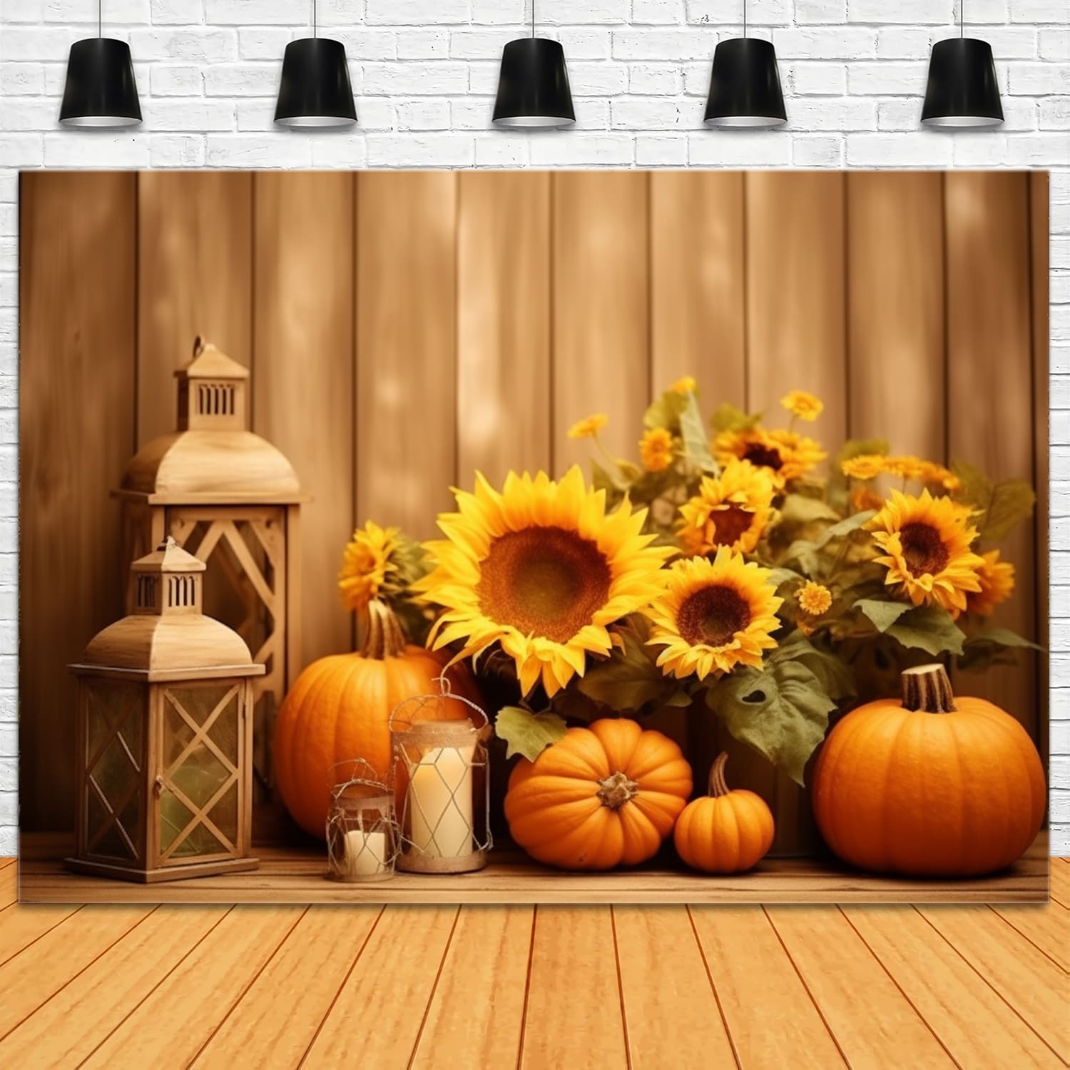 Toile de Fond de Citrouilles et Lanternes avec Tournesols d'Automne RR7-138