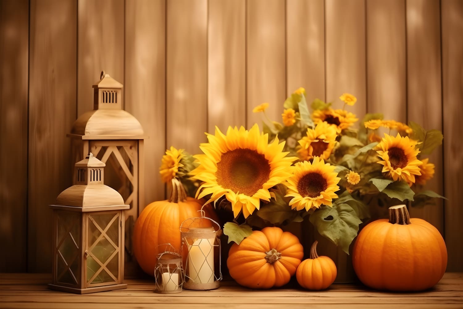 Toile de Fond de Citrouilles et Lanternes avec Tournesols d'Automne RR7-138