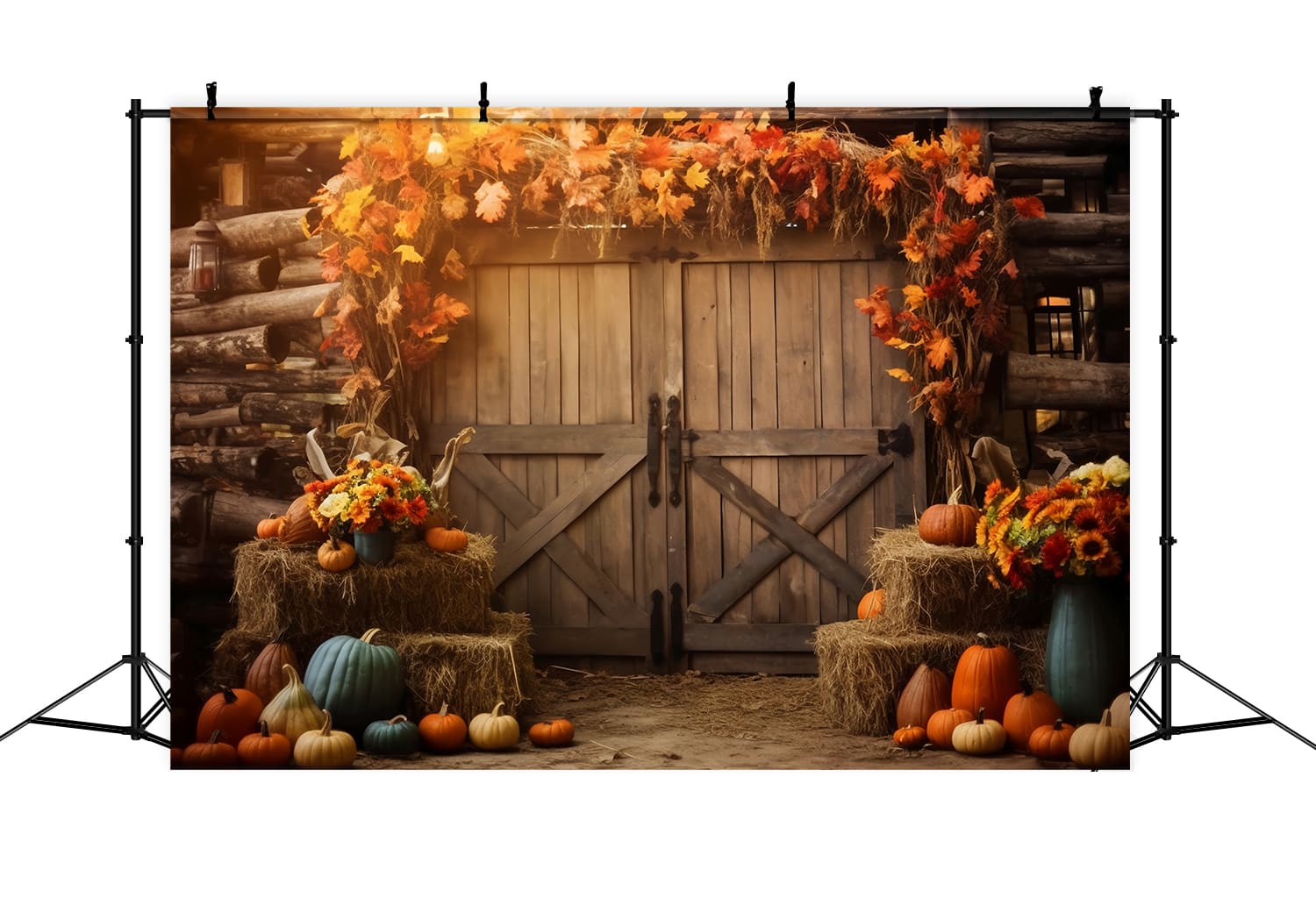 Toile de Fond de Grange avec Meule de Foin et Feuilles d'Érable d'Automne RR7-141