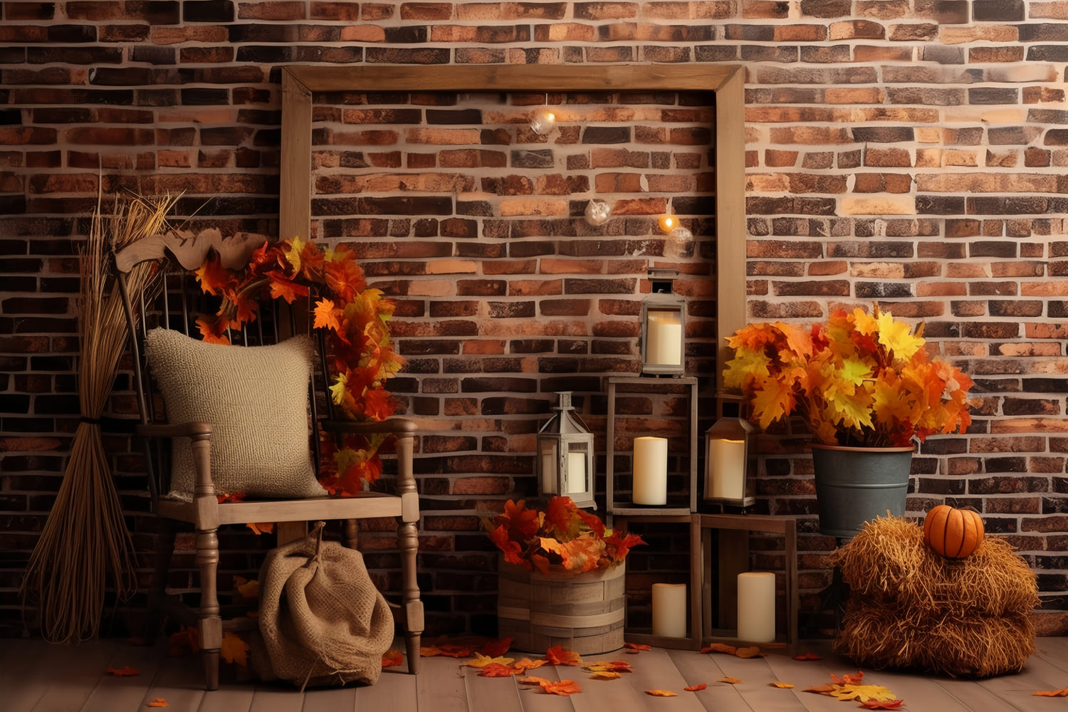 Toile de Fond de Mur de Briques avec Feuilles d'Érable d'Automne RR7-144