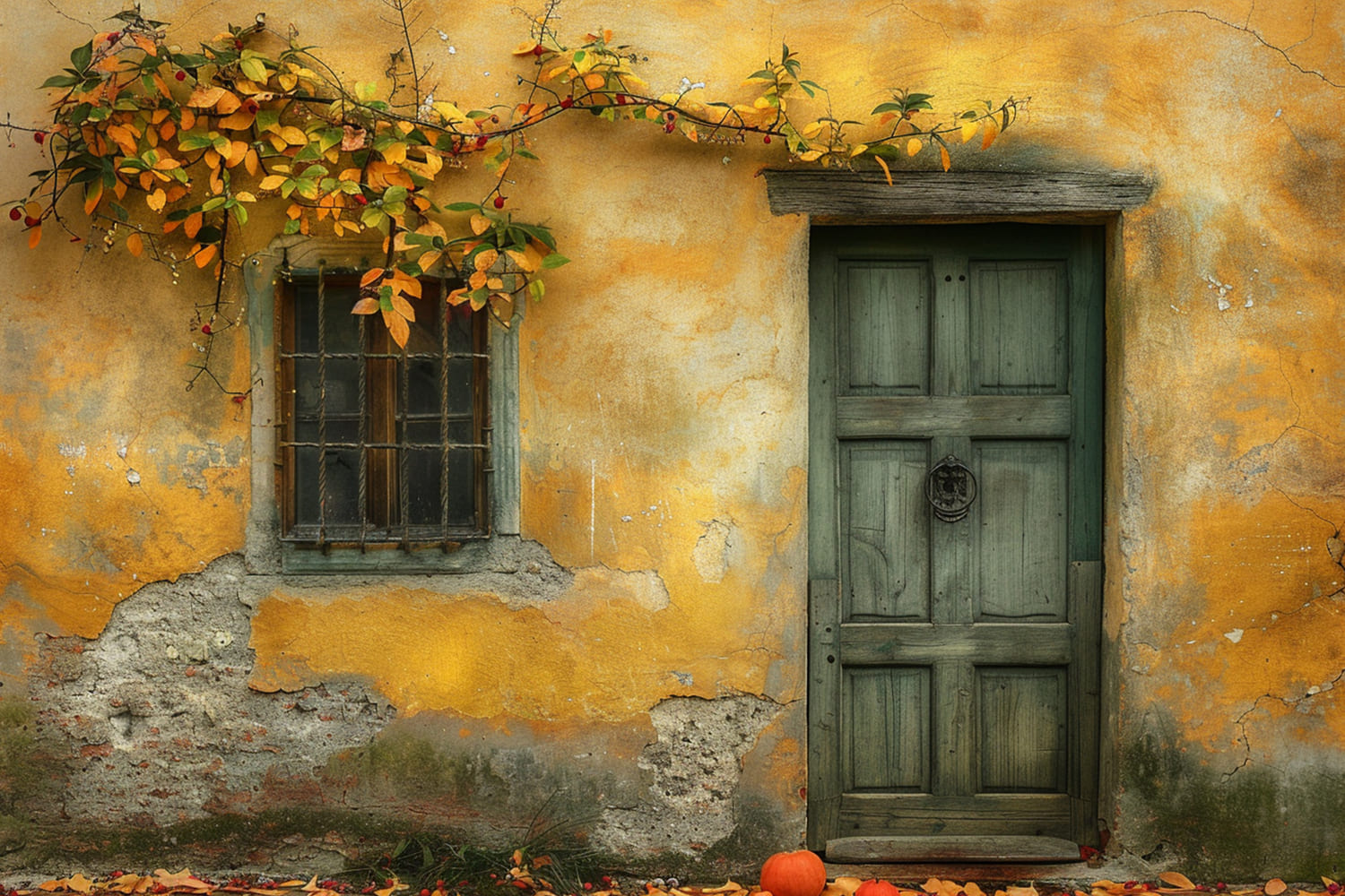Toile de Fond de Mur en Ruines avec Porte en Bois d'Automne RR7-147