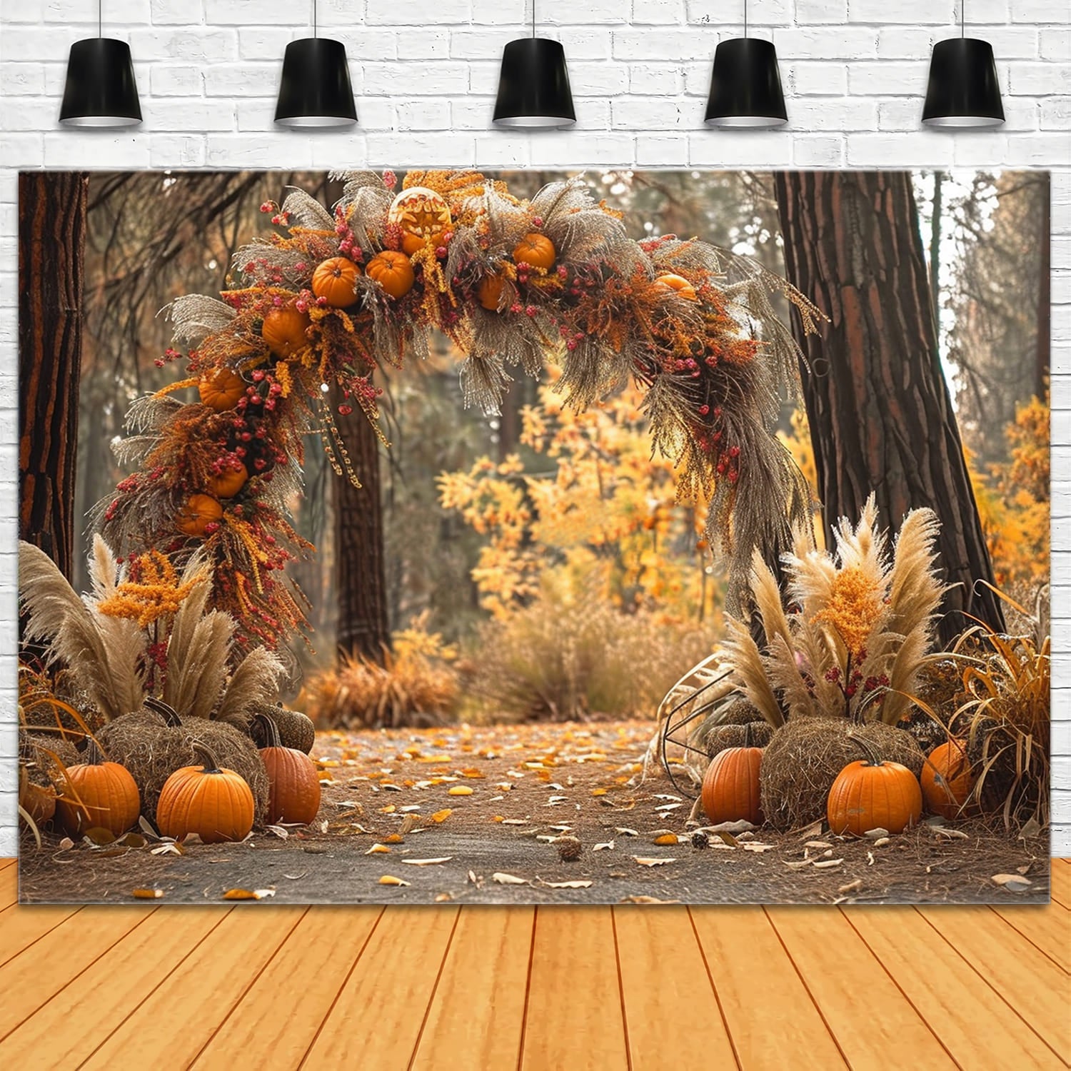 Toile de Fond de Forêt avec Citrouilles et Roseaux Séchés d'Automne RR7-150