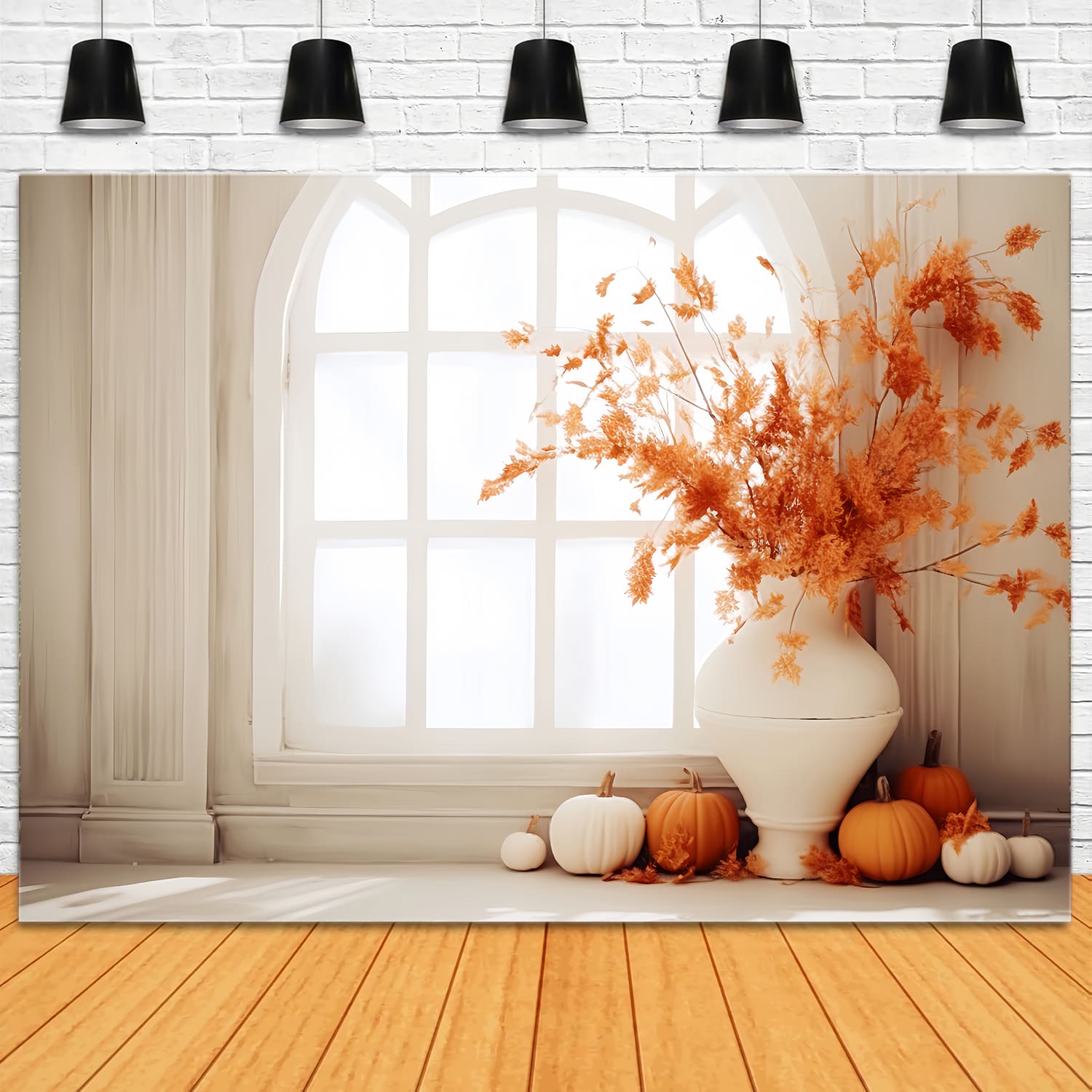 Toile de Fond de Citrouille et Vase avec Feuilles d'Érable Séchées d'Automne RR7-152