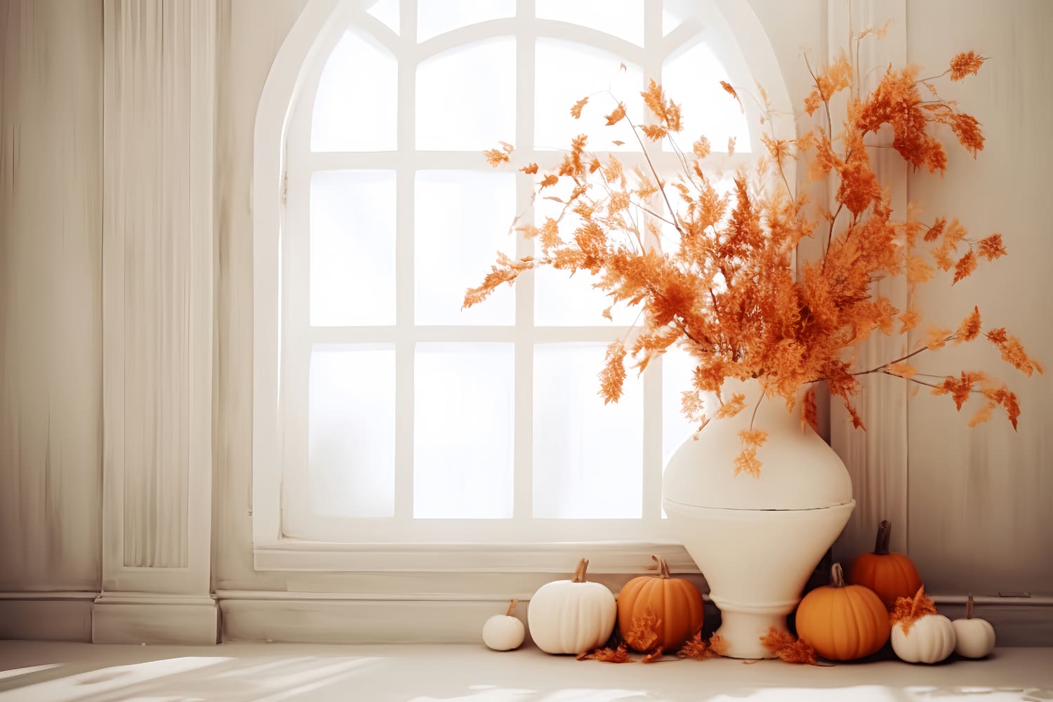 Toile de Fond de Citrouille et Vase avec Feuilles d'Érable Séchées d'Automne RR7-152