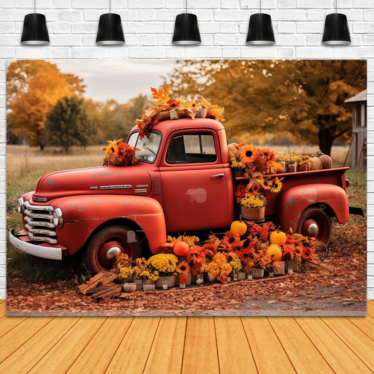 Toile de Fond de Camion Rouge avec Fleurs et Citrouilles d'Automne RR7-156