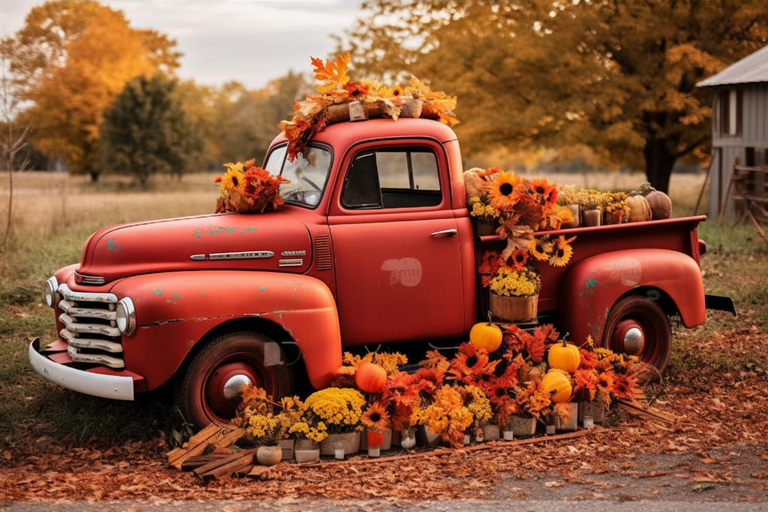 Toile de Fond de Camion Rouge avec Fleurs et Citrouilles d'Automne RR7-156