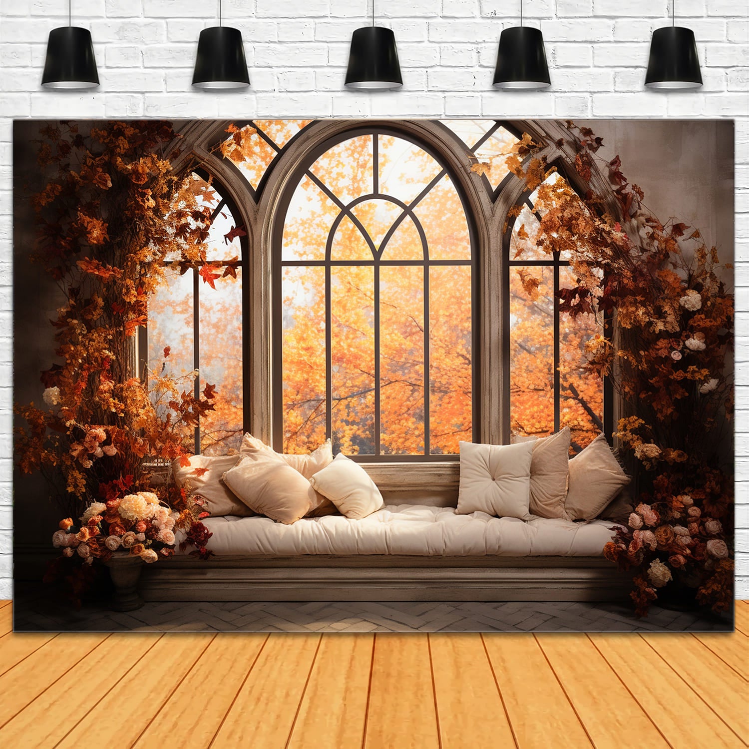 Toile de Fond de Paysage de Fenêtre avec Feuilles d'Érable d'Automne RR7-175