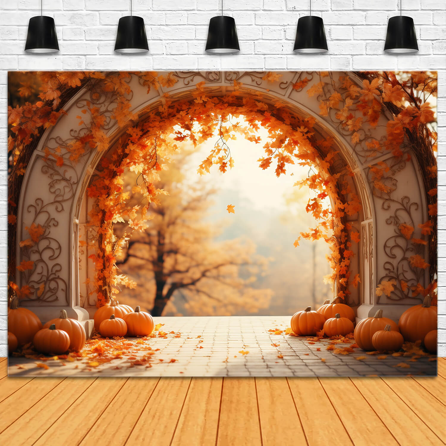 Toile de Fond de Feuilles d'Érable et Citrouilles sous une Arche d'Automne RR7-178