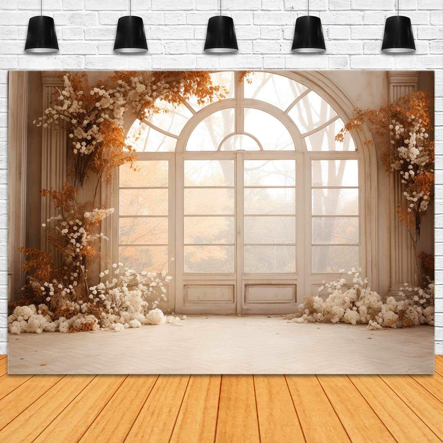 Toile de Fond de Fenêtre Décorée avec Fleurs Séchées d'Automne RR7-180
