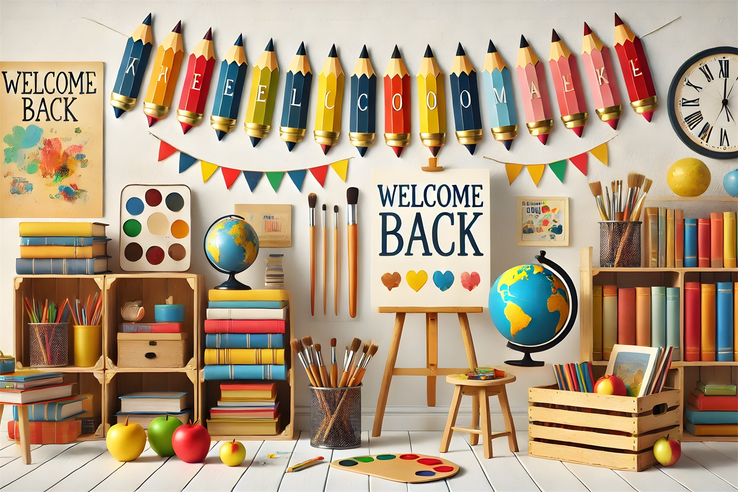 Toile de Fond de Bienvenue à la Rentrée avec Crayons et Pinceaux RR7-238