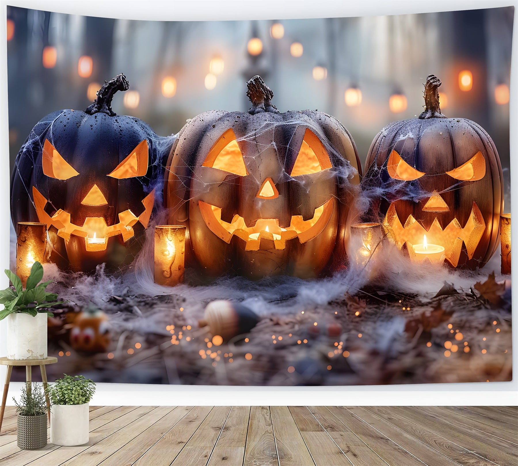 Toile de fond de forêt brumeuse effrayante avec citrouille d'Halloween RR7-262