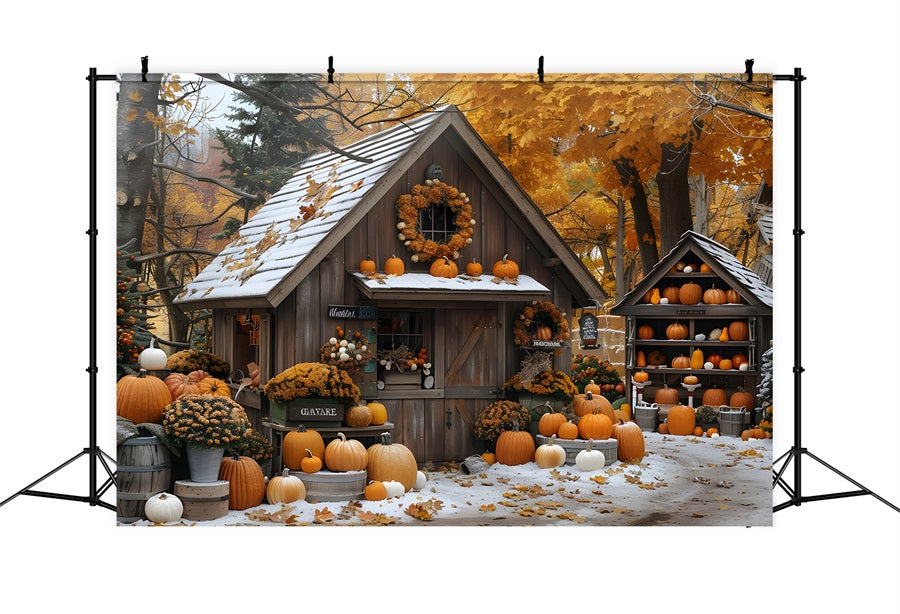 Toile de fond de jardin enneigé avec cottage et citrouilles d'automne RR7-263