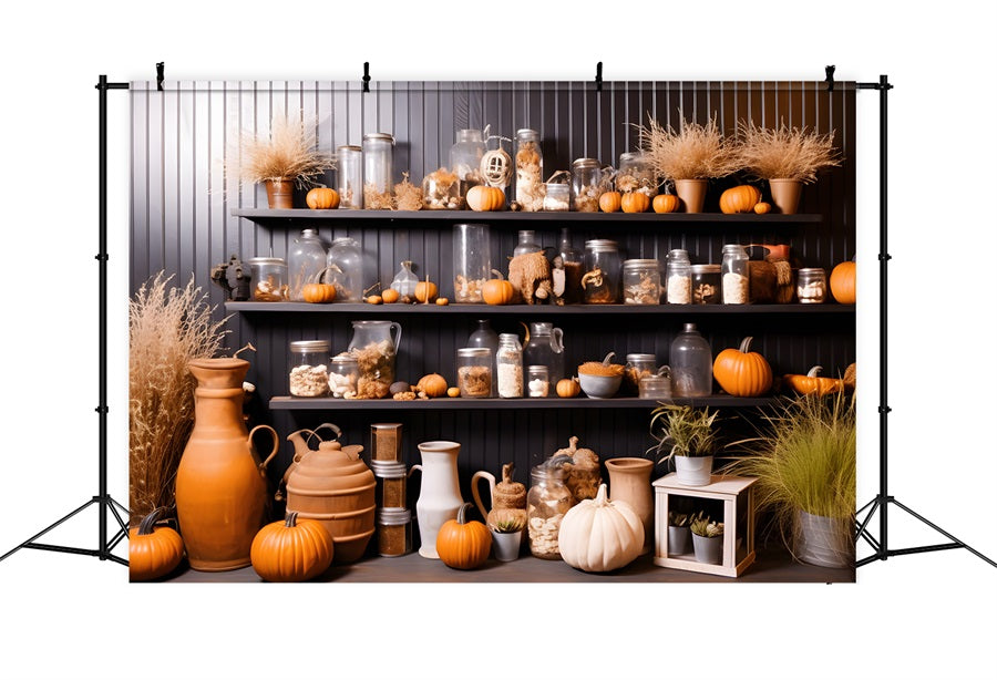 Toile de fond de décoration d'étagère avec citrouilles et pots d'automne RR7-267
