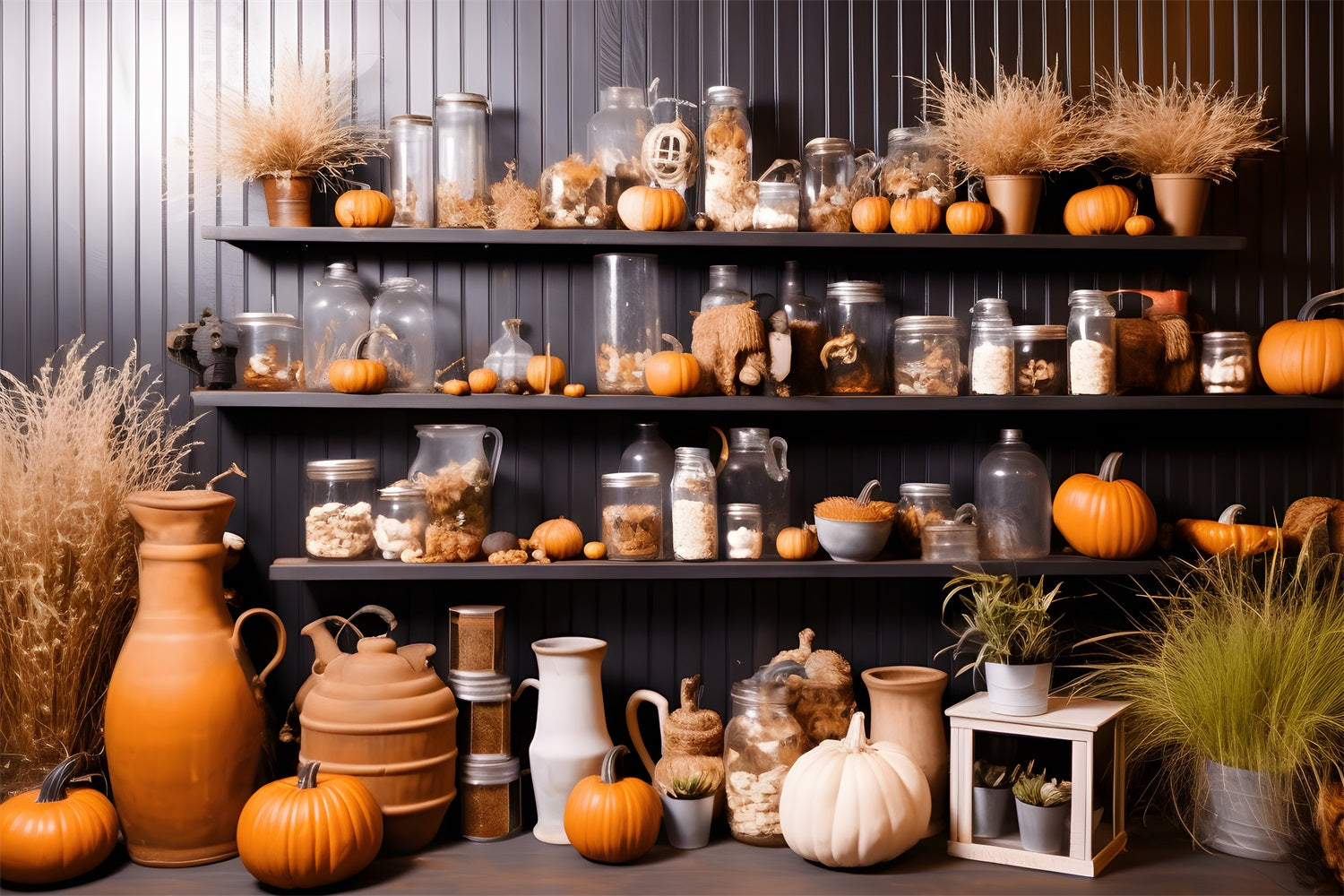 Toile de fond de décoration d'étagère avec citrouilles et pots d'automne RR7-267
