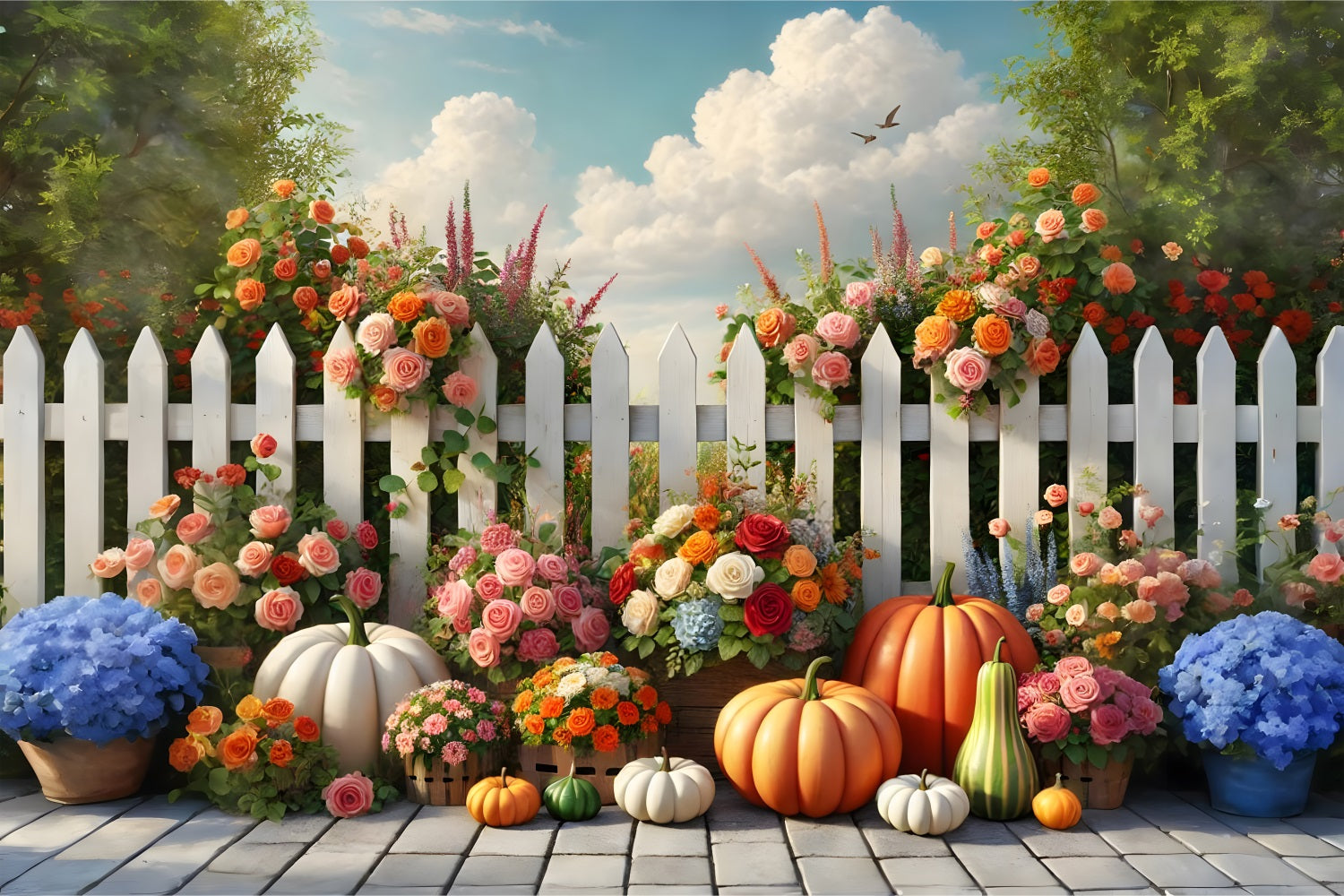 Toile de fond de clôture blanche avec fleurs de jardin et citrouilles RR7-278