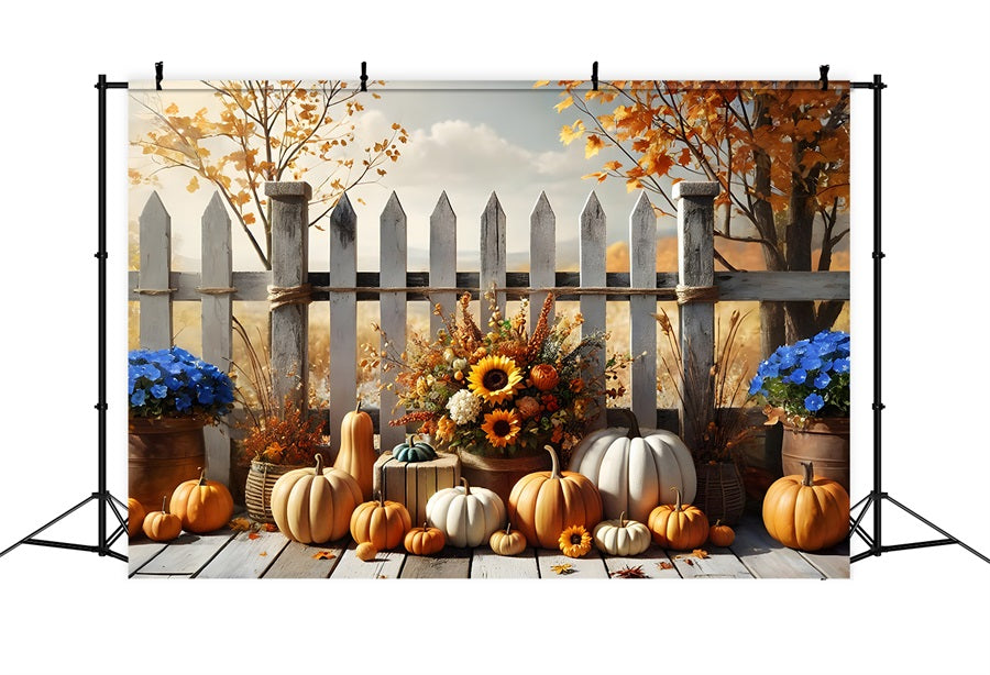 Toile de fond de clôture avec fleurs et citrouilles de récolte d'automne RR7-280