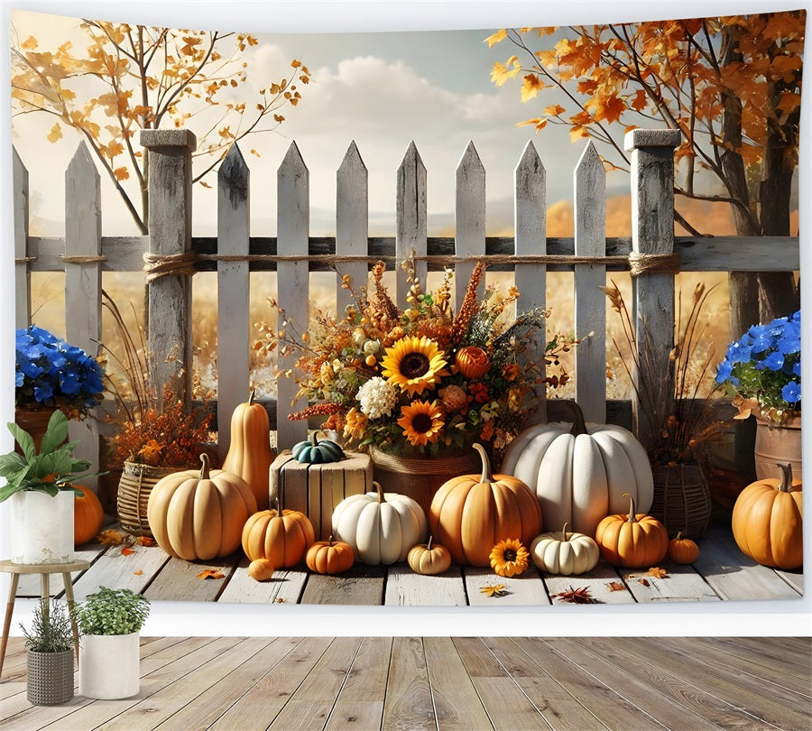 Toile de fond de clôture avec fleurs et citrouilles de récolte d'automne RR7-280