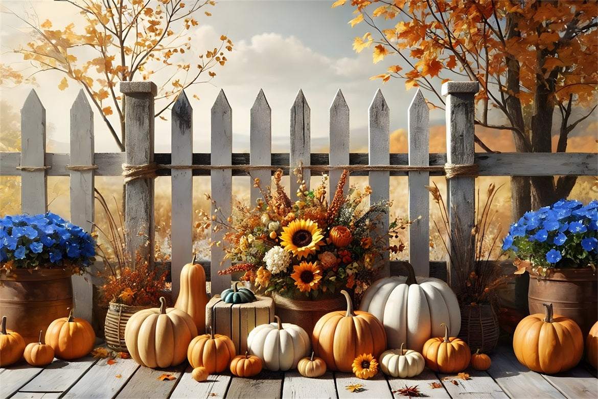 Toile de fond de clôture avec fleurs et citrouilles de récolte d'automne RR7-280