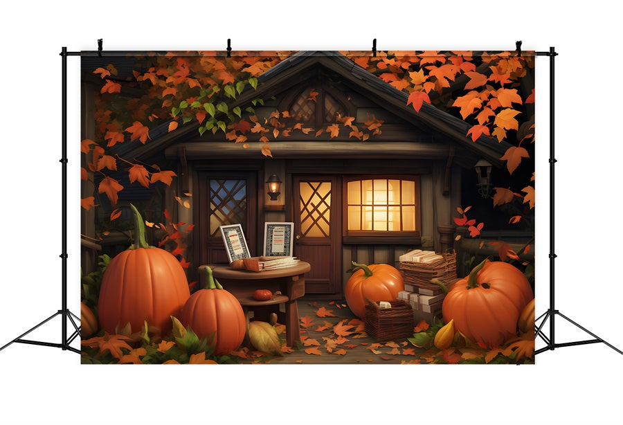 Toile de fond de cottage chaleureux d'automne avec citrouilles et feuilles RR7-284