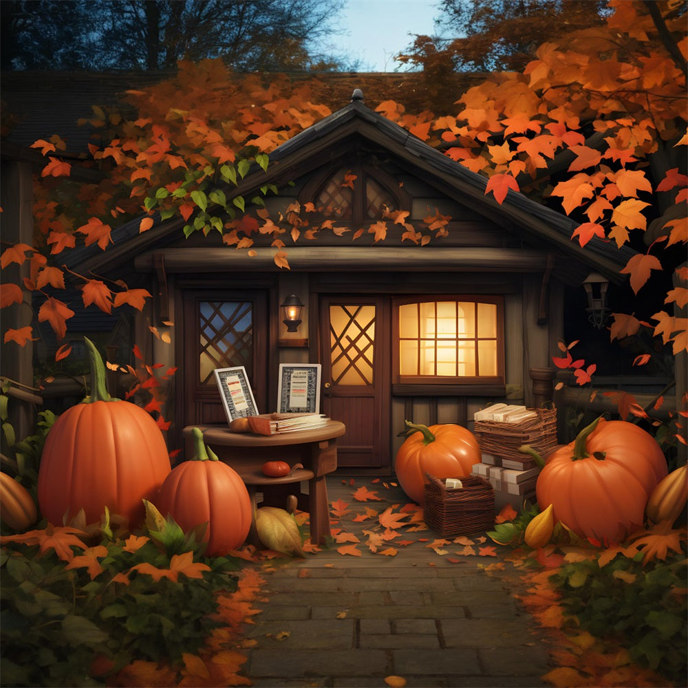 Toile de fond de cottage chaleureux d'automne avec citrouilles et feuilles RR7-284