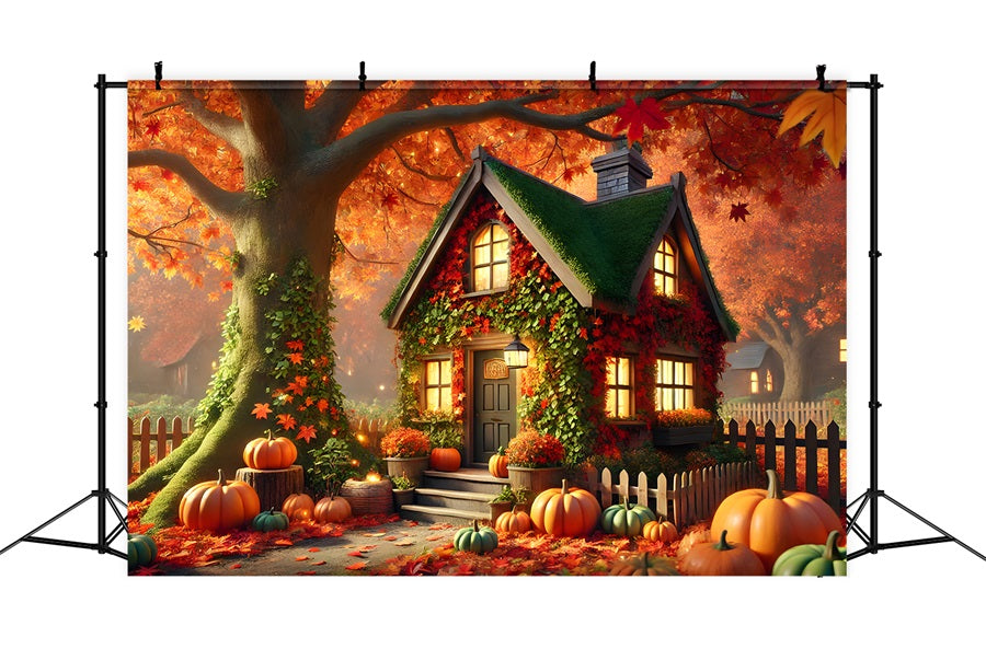 Toile de fond de cottage charmant d'automne avec citrouilles et lierre RR7-293