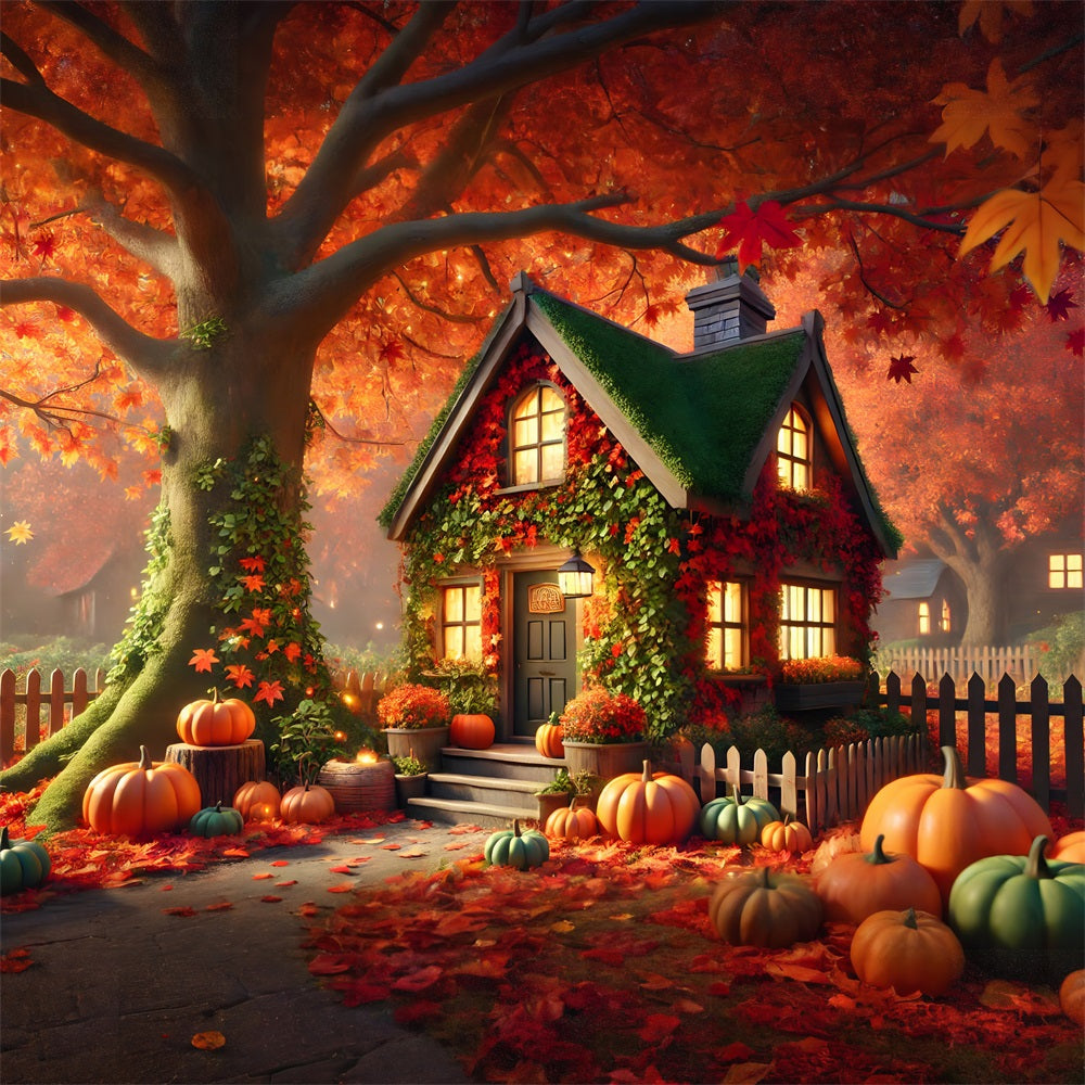 Toile de fond de cottage charmant d'automne avec citrouilles et lierre RR7-293