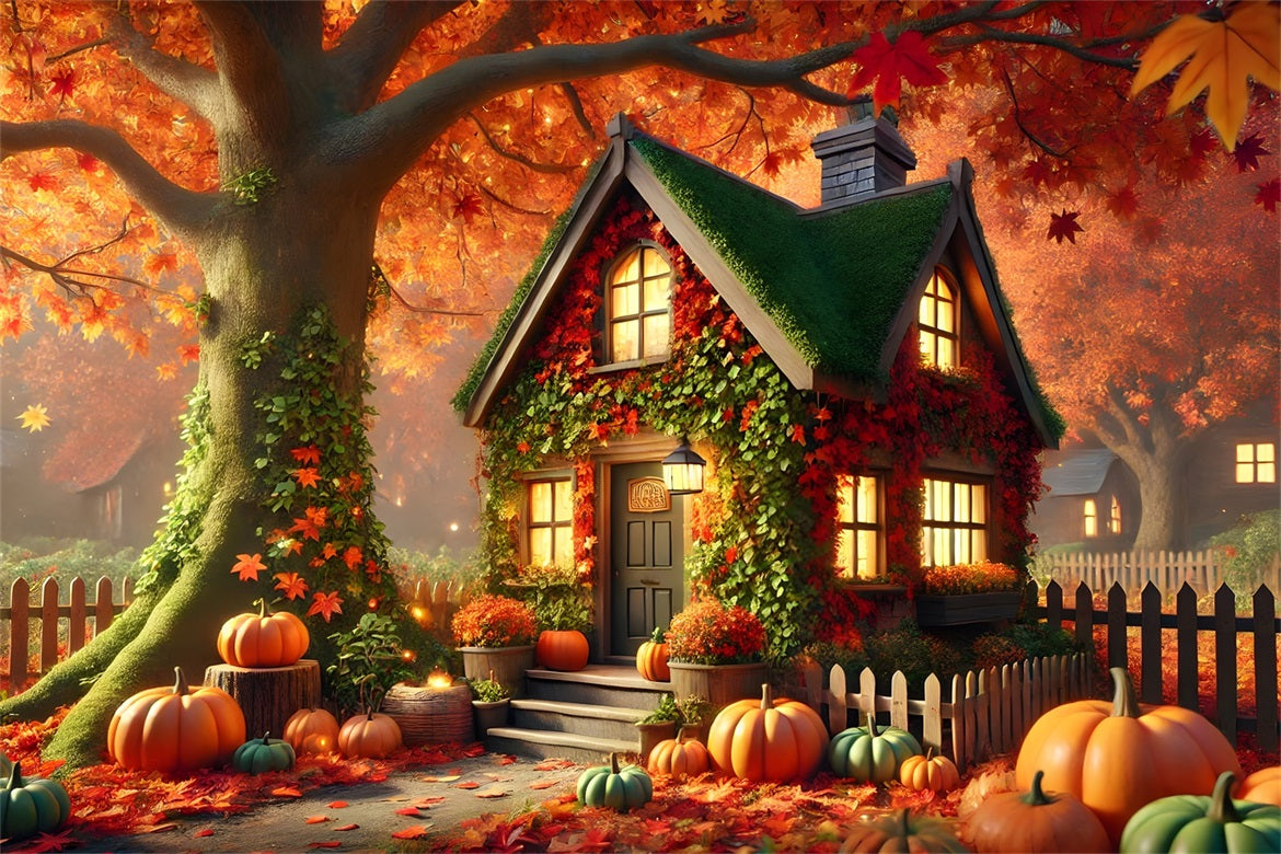 Toile de fond de cottage charmant d'automne avec citrouilles et lierre RR7-293