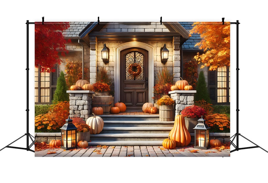Toile de fond de porche avant d'automne avec citrouilles et lanternes RR7-296