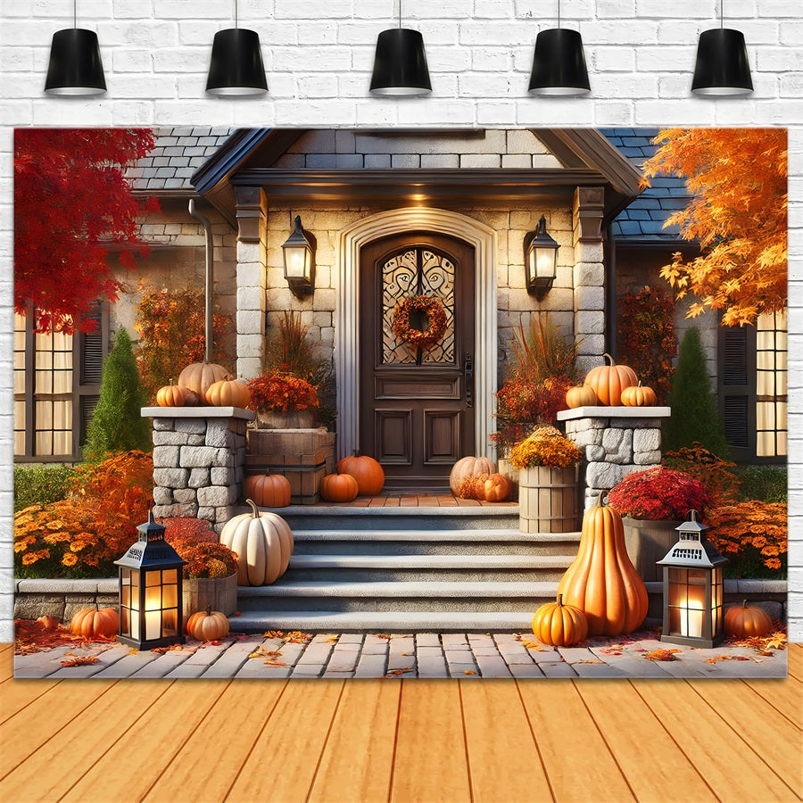 Toile de fond de porche avant d'automne avec citrouilles et lanternes RR7-296