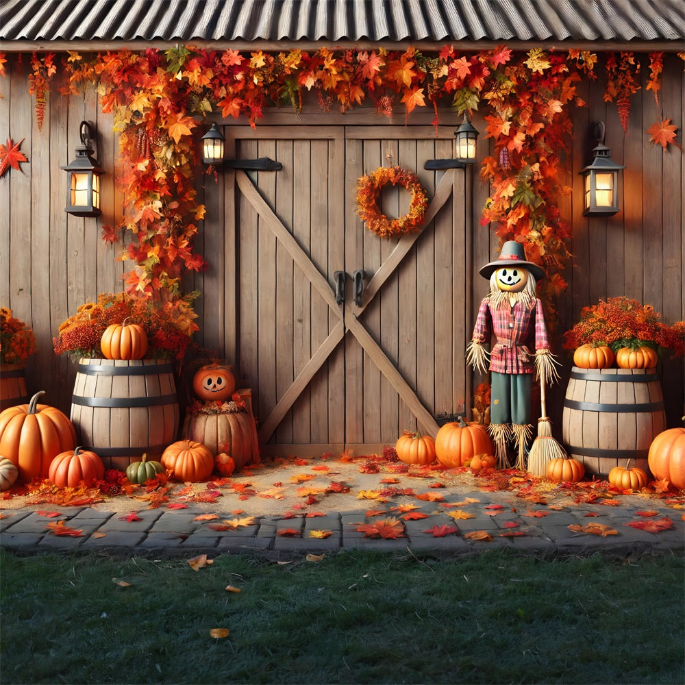 Toile de fond de porte de grange d'automne avec citrouilles et épouvantail RR7-302
