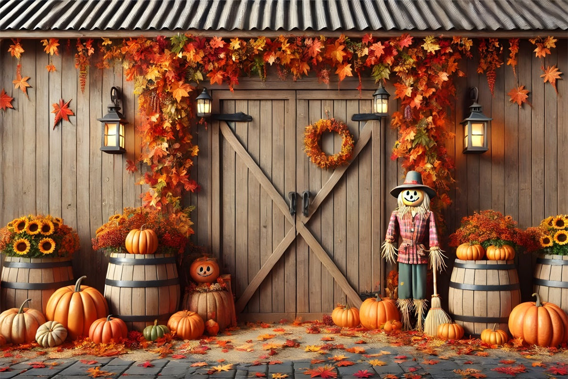 Toile de fond de porte de grange d'automne avec citrouilles et épouvantail RR7-302