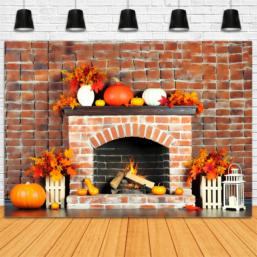 Toile de fond de cheminée en briques d'automne avec citrouilles et feuilles RR7-304