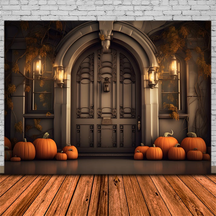 Toile de fond d'entrée élégante d'automne avec citrouilles et lanternes RR7-311