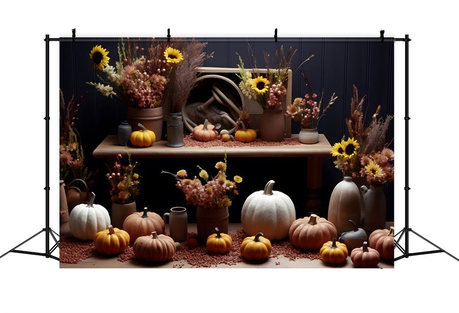 Toile de fond de présentation rustique d'automne avec citrouilles et tournesols RR7-313