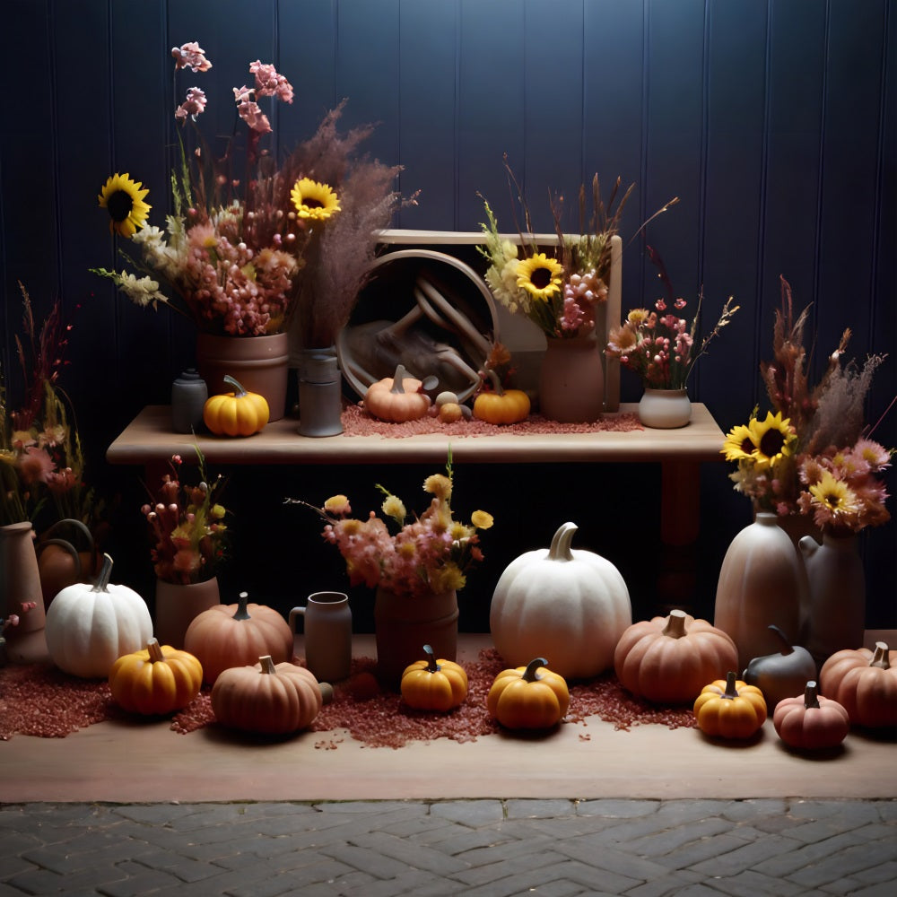 Toile de fond de présentation rustique d'automne avec citrouilles et tournesols RR7-313