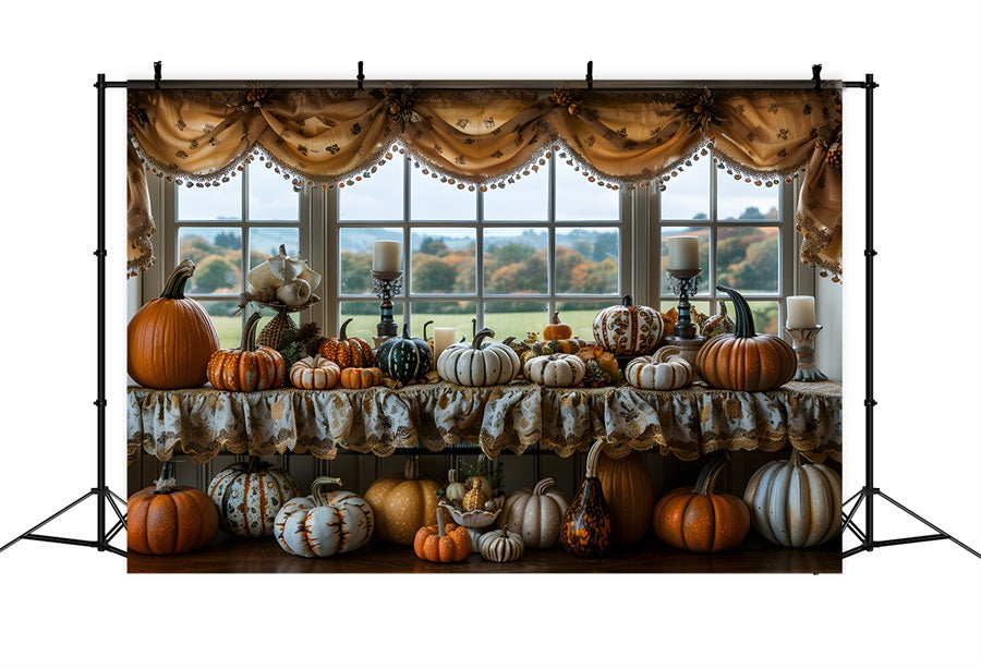 Toile de fond de présentation de fenêtre d'automne avec citrouilles et bougies RR7-317