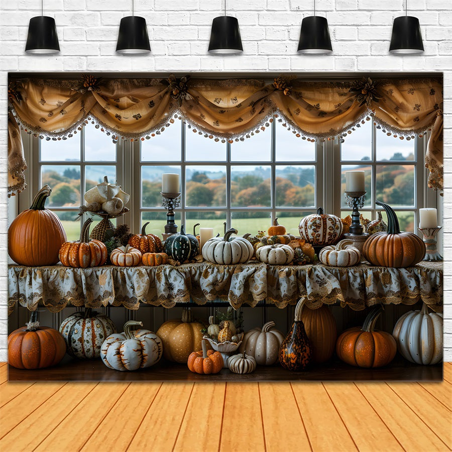 Toile de fond de présentation de fenêtre d'automne avec citrouilles et bougies RR7-317