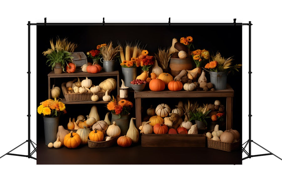Toile de fond de corne d'abondance de récolte d'automne avec citrouilles et courges RR7-320