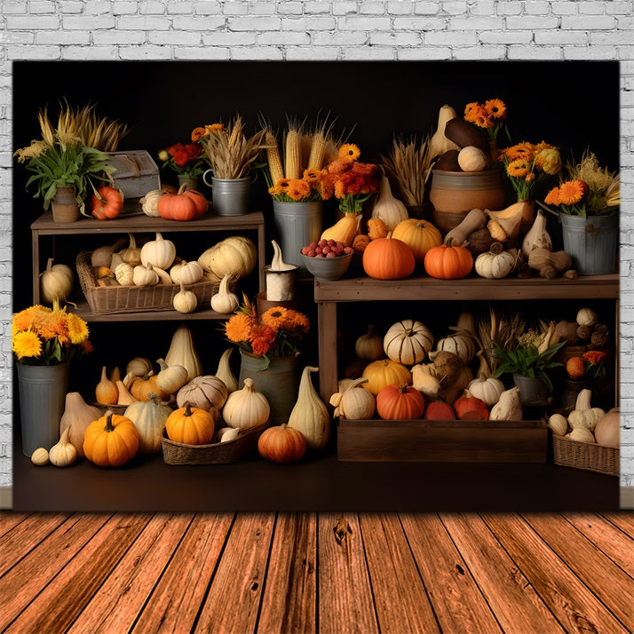 Toile de fond de corne d'abondance de récolte d'automne avec citrouilles et courges RR7-320