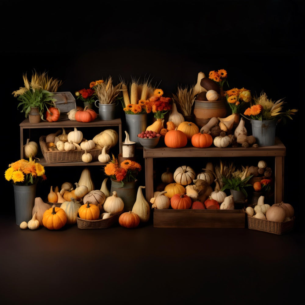 Toile de fond de corne d'abondance de récolte d'automne avec citrouilles et courges RR7-320