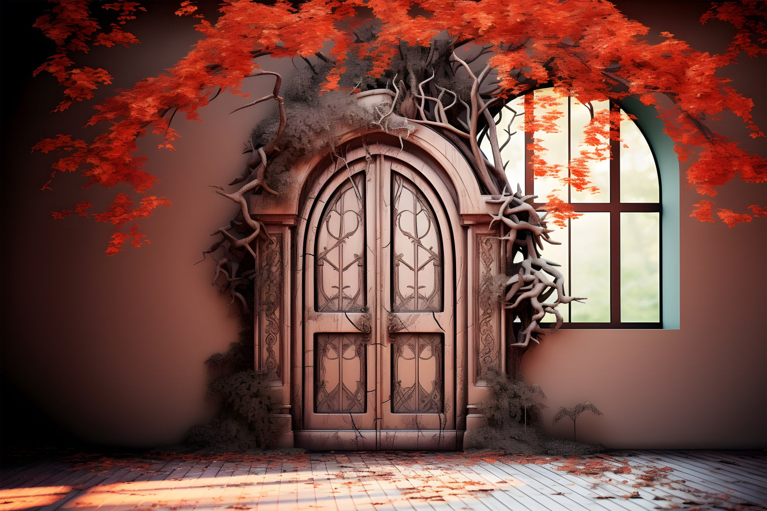 Toile de fond de porte enchantée d'automne avec feuilles rouges RR7-332