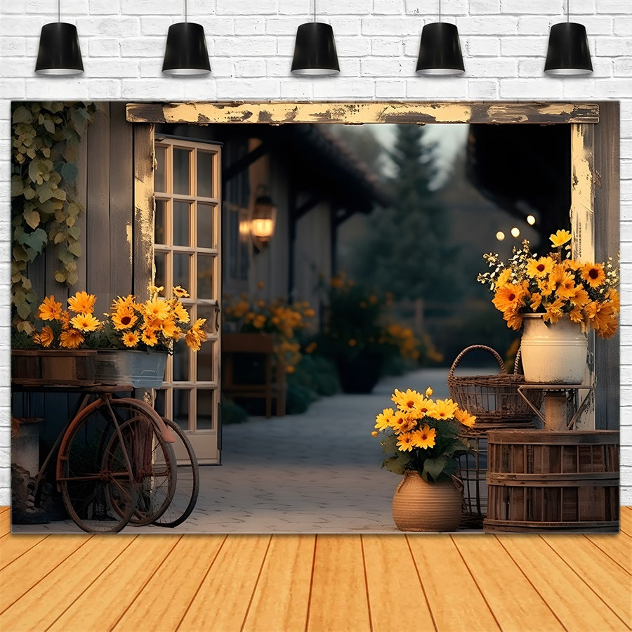 Toile de fond de ferme d'automne avec tournesols RR7-339