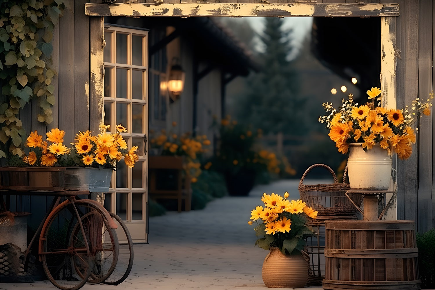 Toile de fond de ferme d'automne avec tournesols RR7-339