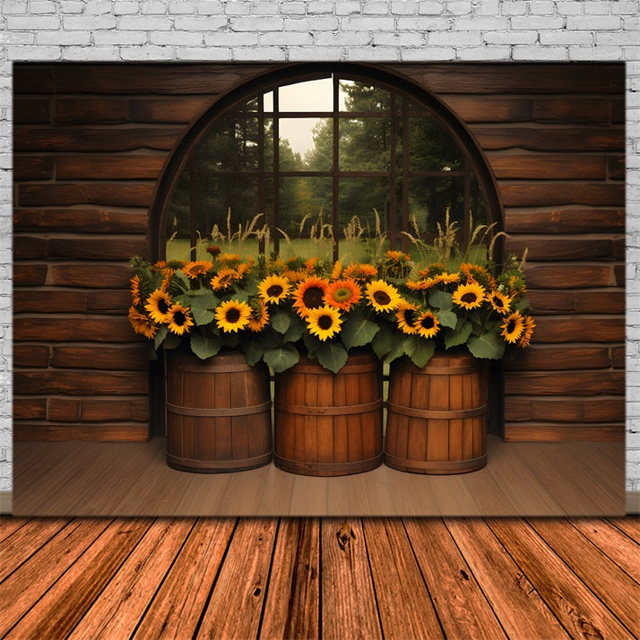 Toile de fond de présentation de tonneau avec tournesols d'automne RR7-342