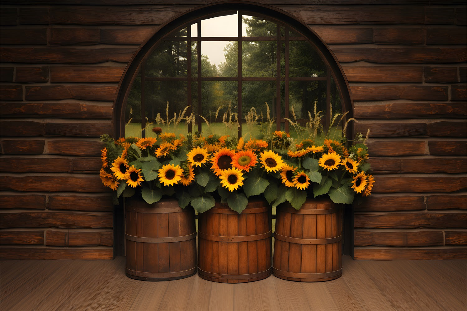 Toile de fond de présentation de tonneau avec tournesols d'automne RR7-342