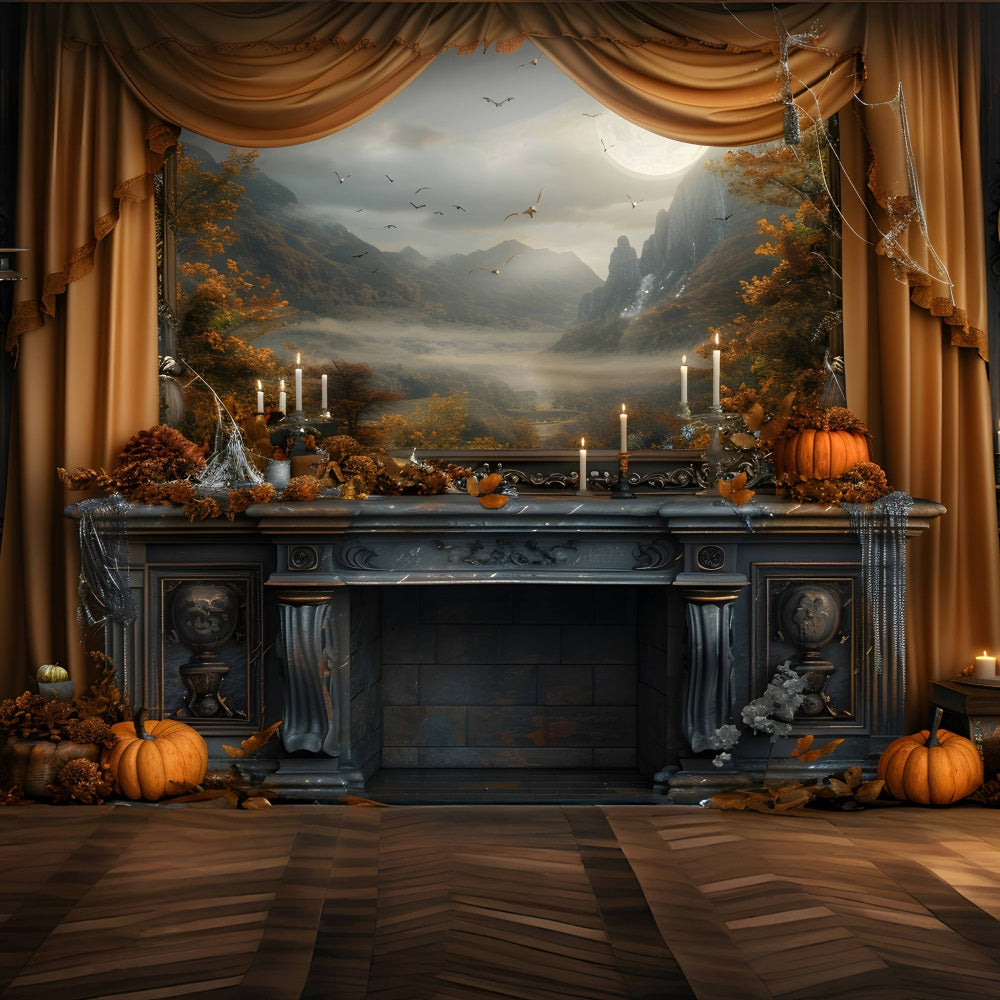 Toile de fond de cheminée mystique d'automne avec vue pittoresque RR7-352