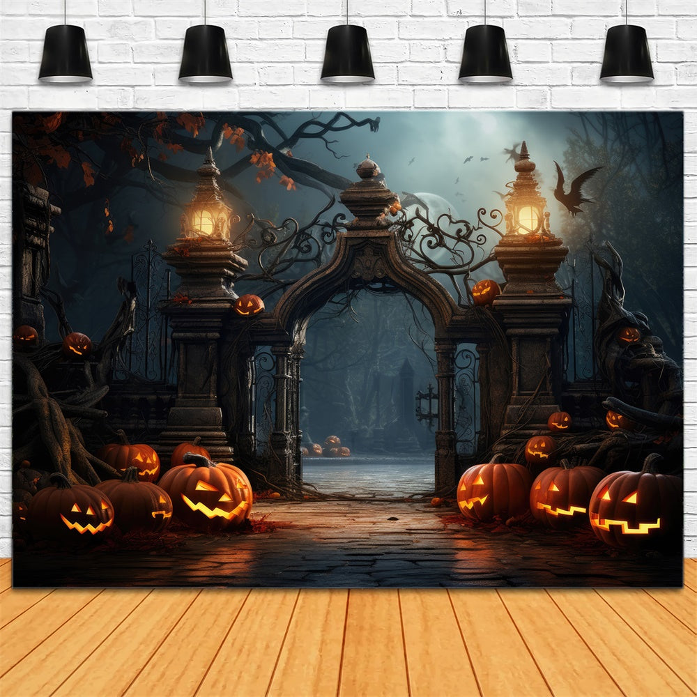 Toile de fond de portail de cimetière effrayant avec citrouilles Halloween RR7-402