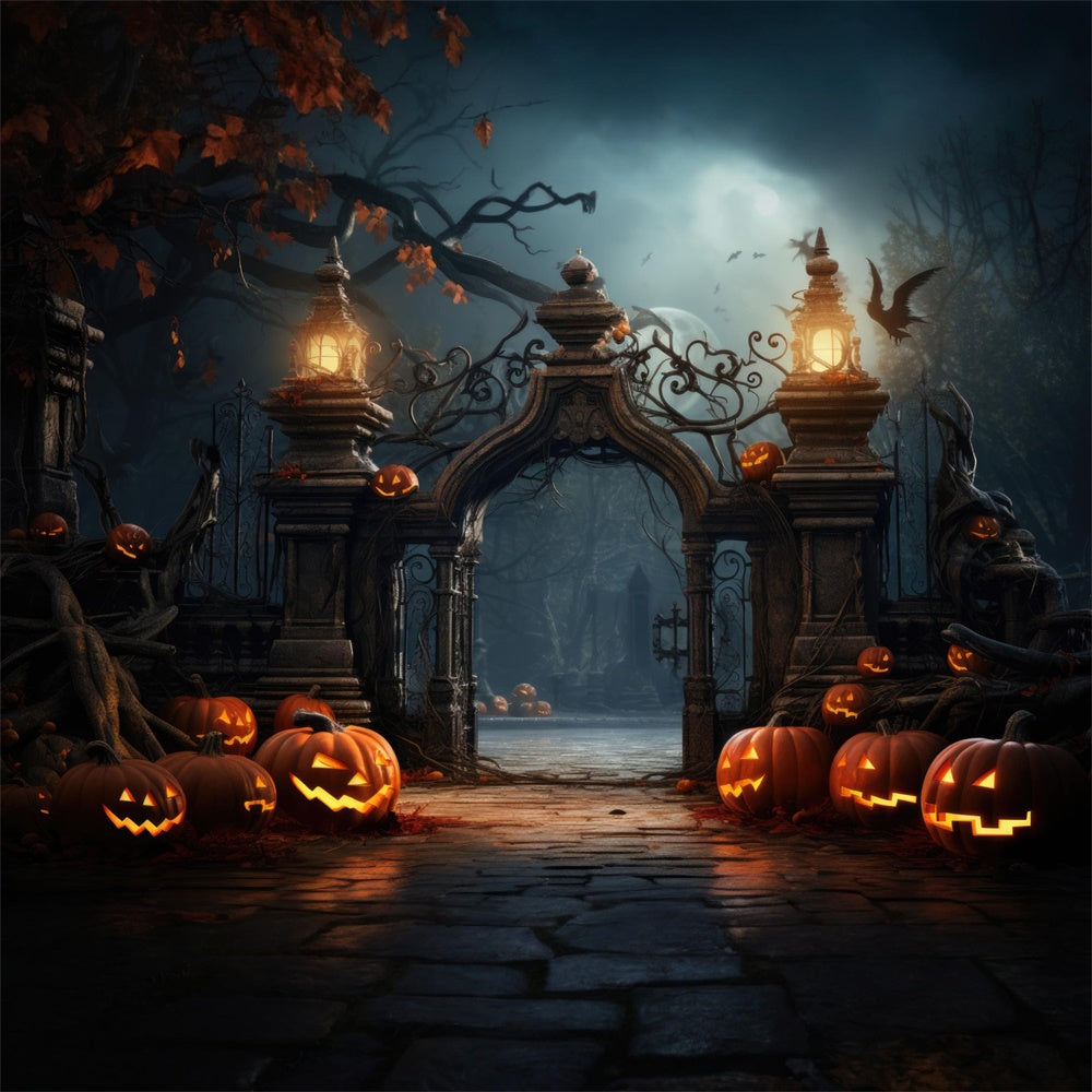 Toile de fond de portail de cimetière effrayant avec citrouilles Halloween RR7-402