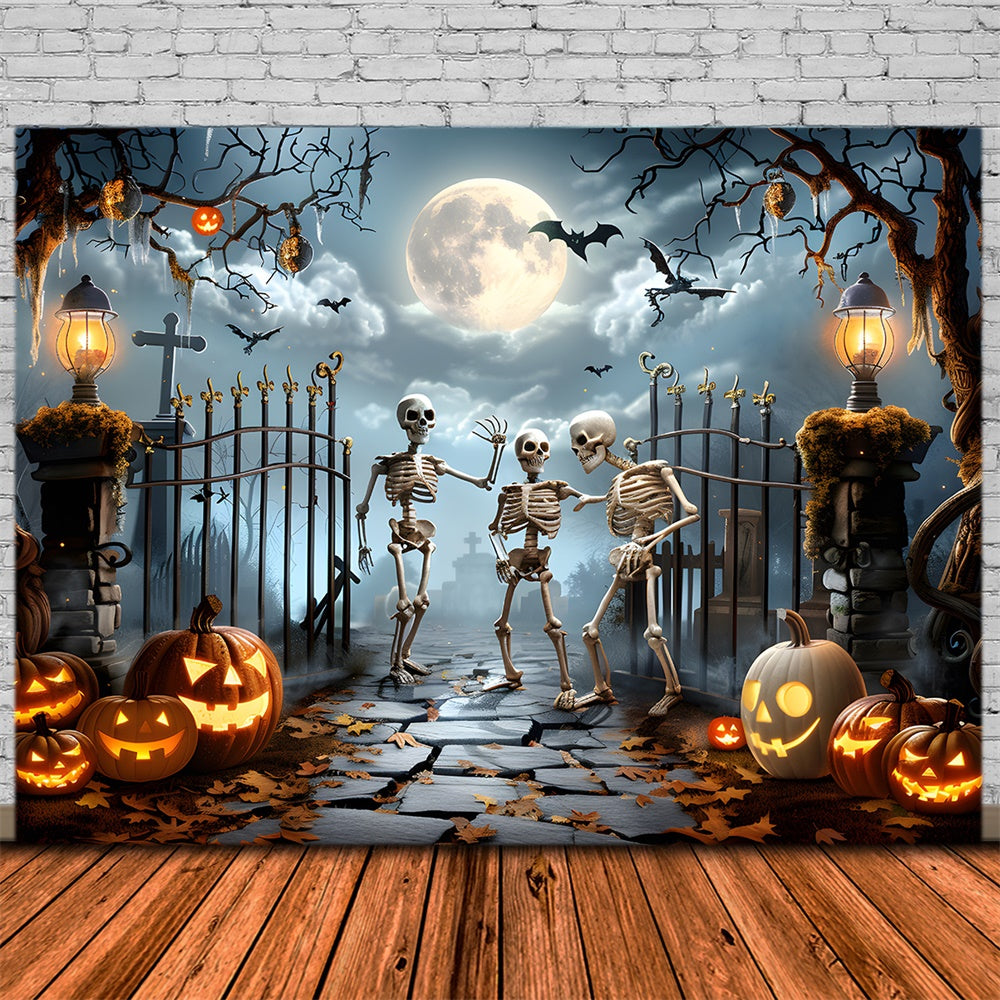 Toile de fond de portail d'horreur avec squelette et citrouilles Halloween RR7-456