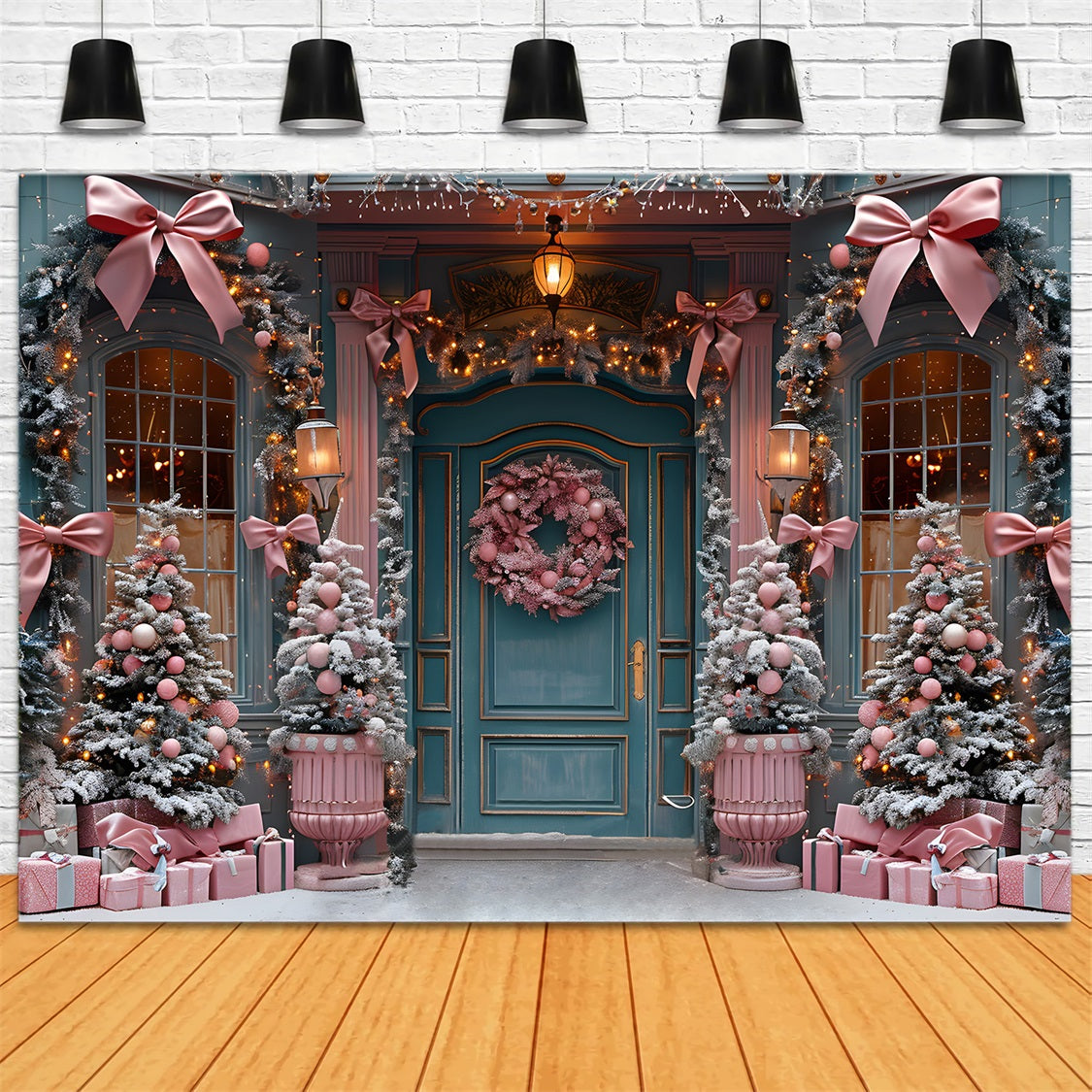 Toile de fond de Noël avec Décor Élégant et Nœud Rose pour Porte RR7-566